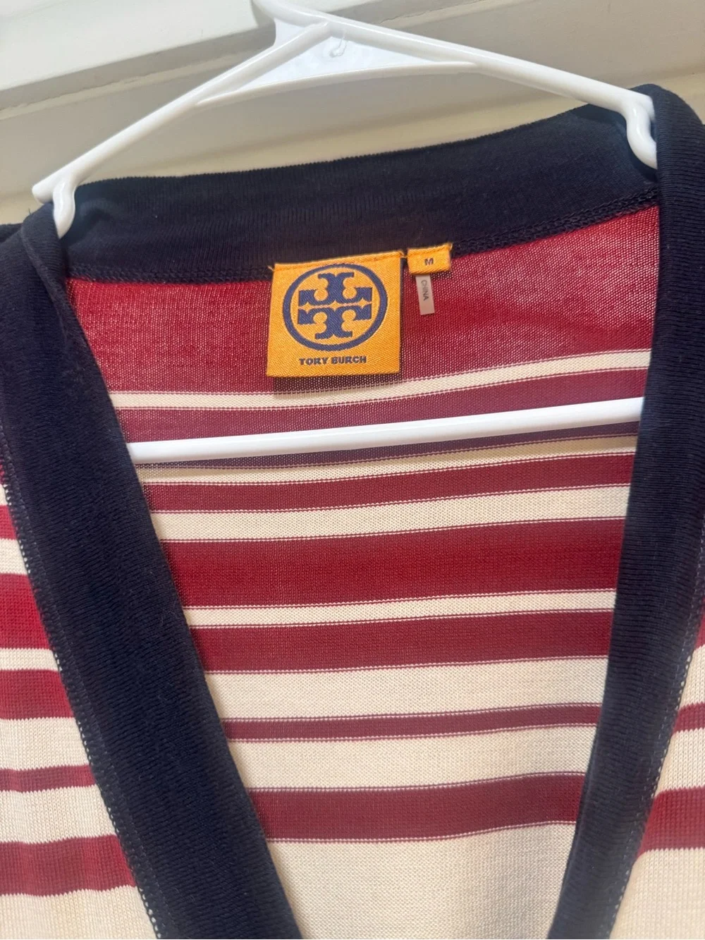 Tory Burch Maroon, Cream & blue Striped V-Neck Cardigan